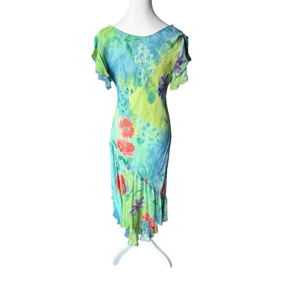 Vtg Silk Floral Dress Mermaid Asymmetrical Flutter Bias Cut Tropical Hawaiian - Picture 3 of 13